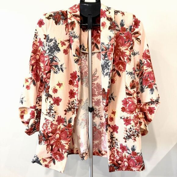 BoomBoom Floral Blazer Pink Red Navy Ruched 3/4 Sleeve Open Front Size Small - Picture 5 of 9